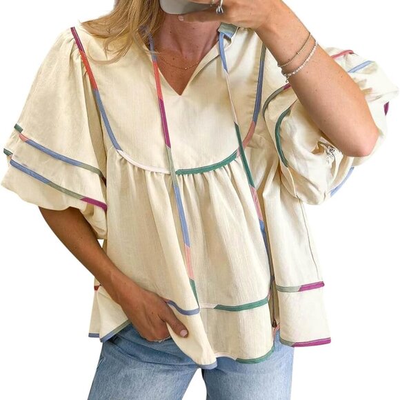 Womens Summer Babydoll Tops V Neck Short Lantern Sleeve Shirts Cute Loose Fit Pe - Picture 1 of 6